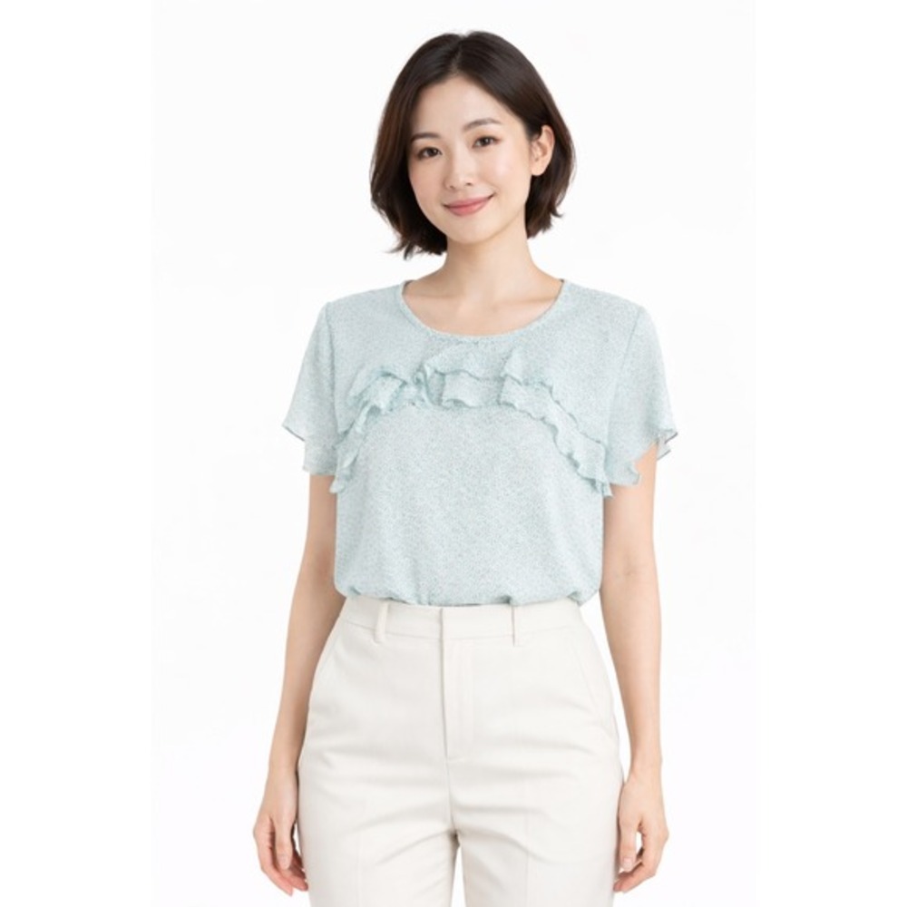 LOFT Blue Geometric Circle Print Ruffle Short Sleeve Blouse Top S Pastel 50-71